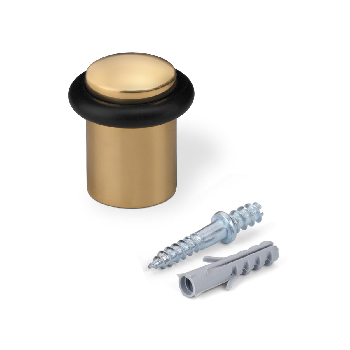 Bolvormige deurstopper van messing met glanzende gouden afwerking en bevestigingsschroef