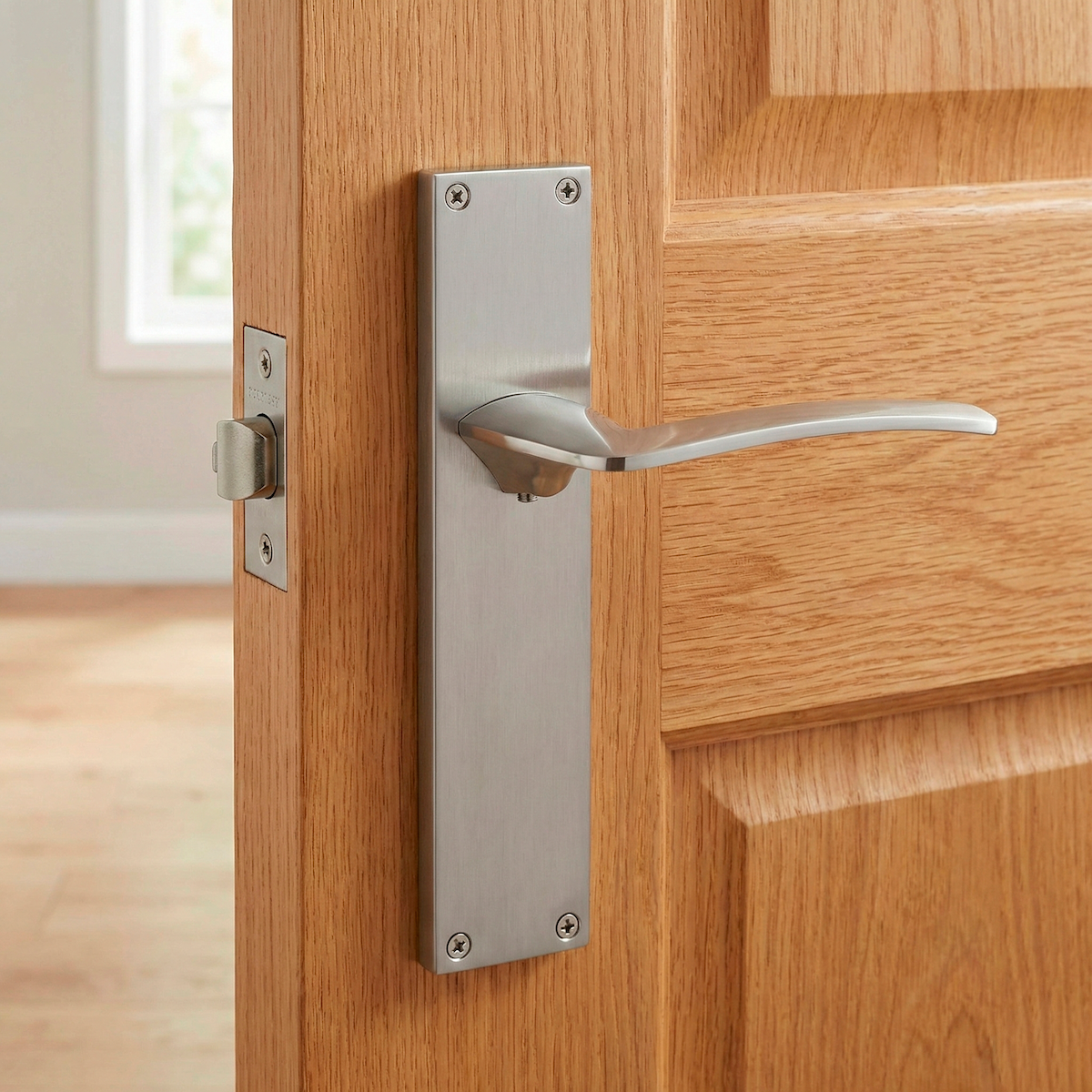 Deurkruk model '340' met rechthoekig schild voor zamak deuren in gesatineerd nikkel finish