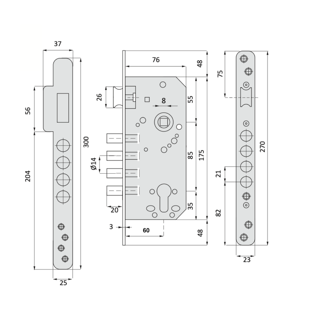 Einsteck-Sicherheitsschloss 60mm mit gerader Stulp und 4 Stahlriegeln, satiniertem Nickel-Finish