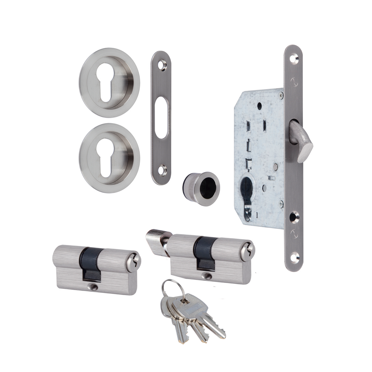 Schiebetür-Set mit Zylinder in satiniertem Nickel-Finish