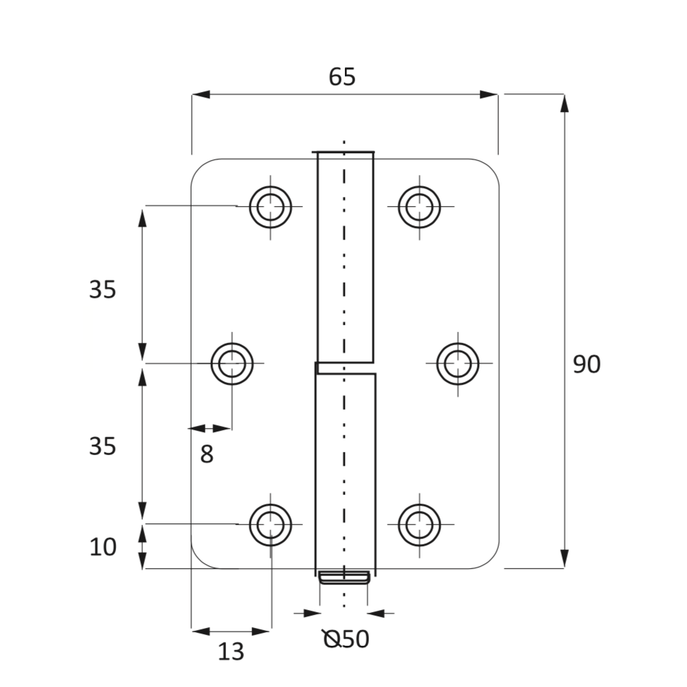 Charnière à paumelle en acier inoxydable à bouts ronds pour portes 90mm x 65mm