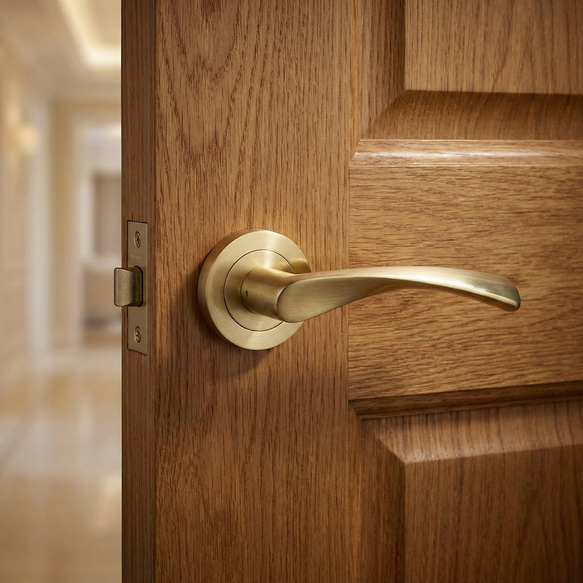 Gouden aluminium deurkruk model '136A' met ronde rozet voor houten deuren