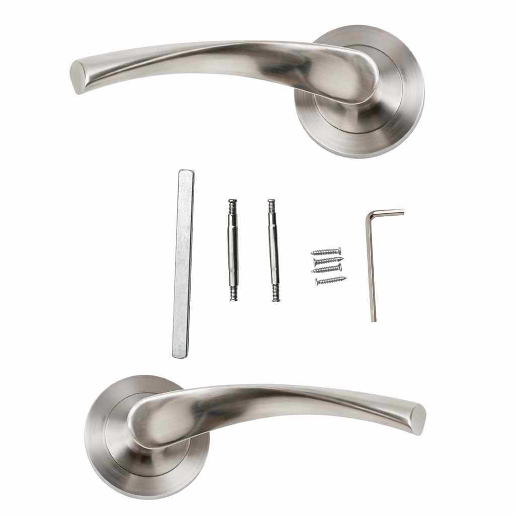 Türklinke OLA '130' aus Zamak mit runder Rosette in satiniertem Nickel-Finish