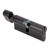 Zwarte profielcilinder met knop en sleutel met zaagsnede 35x35