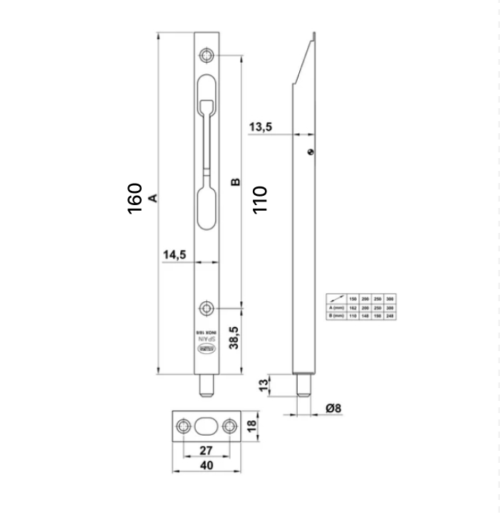 Pasador de embutir de acero 160x14,5 mm níquel satinado para puerta doble