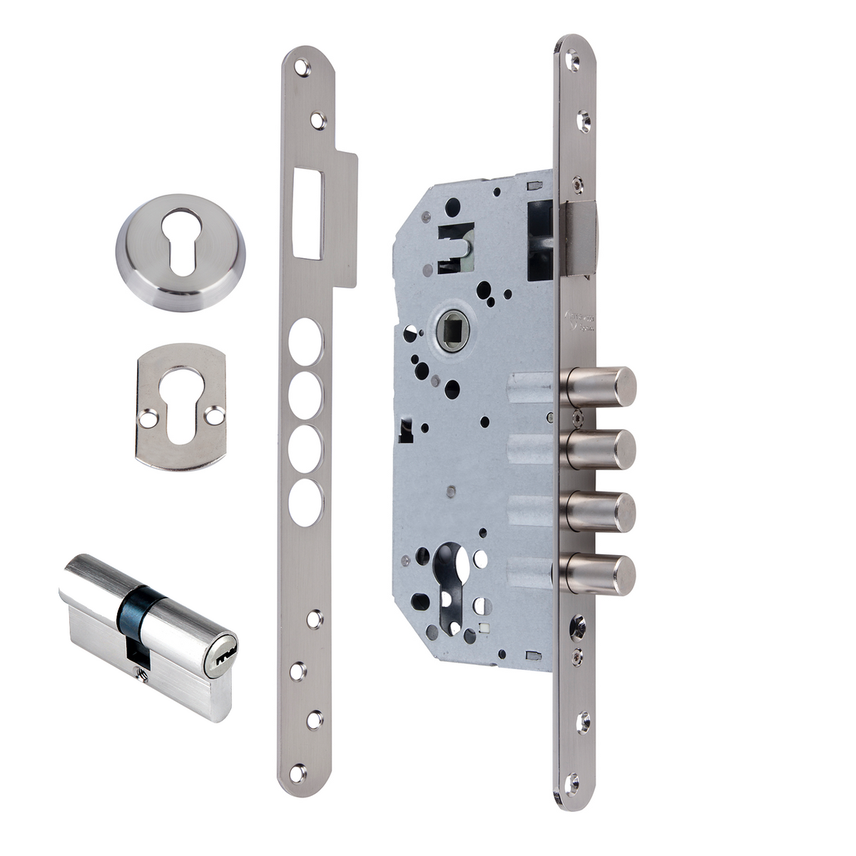 Sicherheitsschloss 60mm mit abgerundeter Stulp, 4 Stahlriegel, satiniertes Nickel