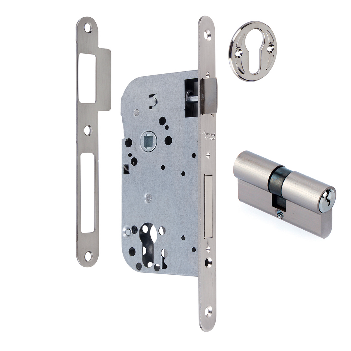 Insteekslot, 70 mm doornmaat, 40 mm hartafstand, ronde voorplaat, gesatineerd nikkel