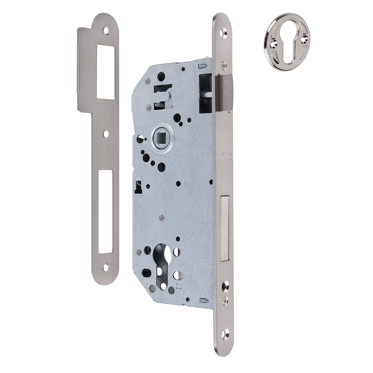 Serrure à mortaiser de 60mm pour cylindre européen, avec têtière à bouts ronds, entraxe de 85mm, finition nickel satiné