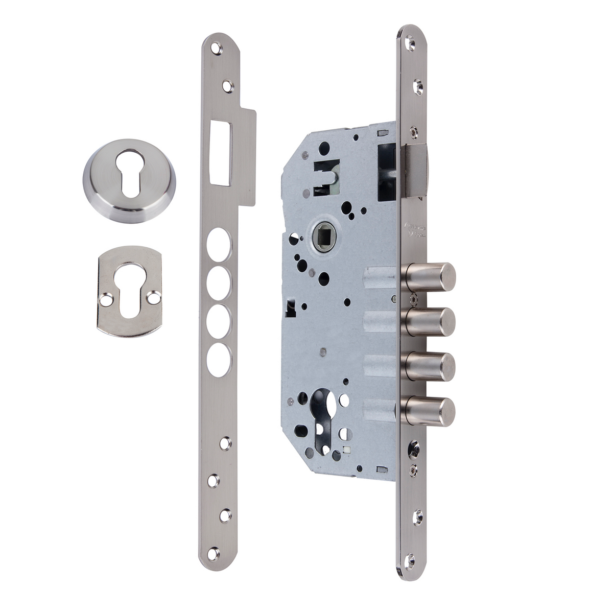 Serrure de sécurité à 4 pênes ronds de 60 mm en acier nickel satiné