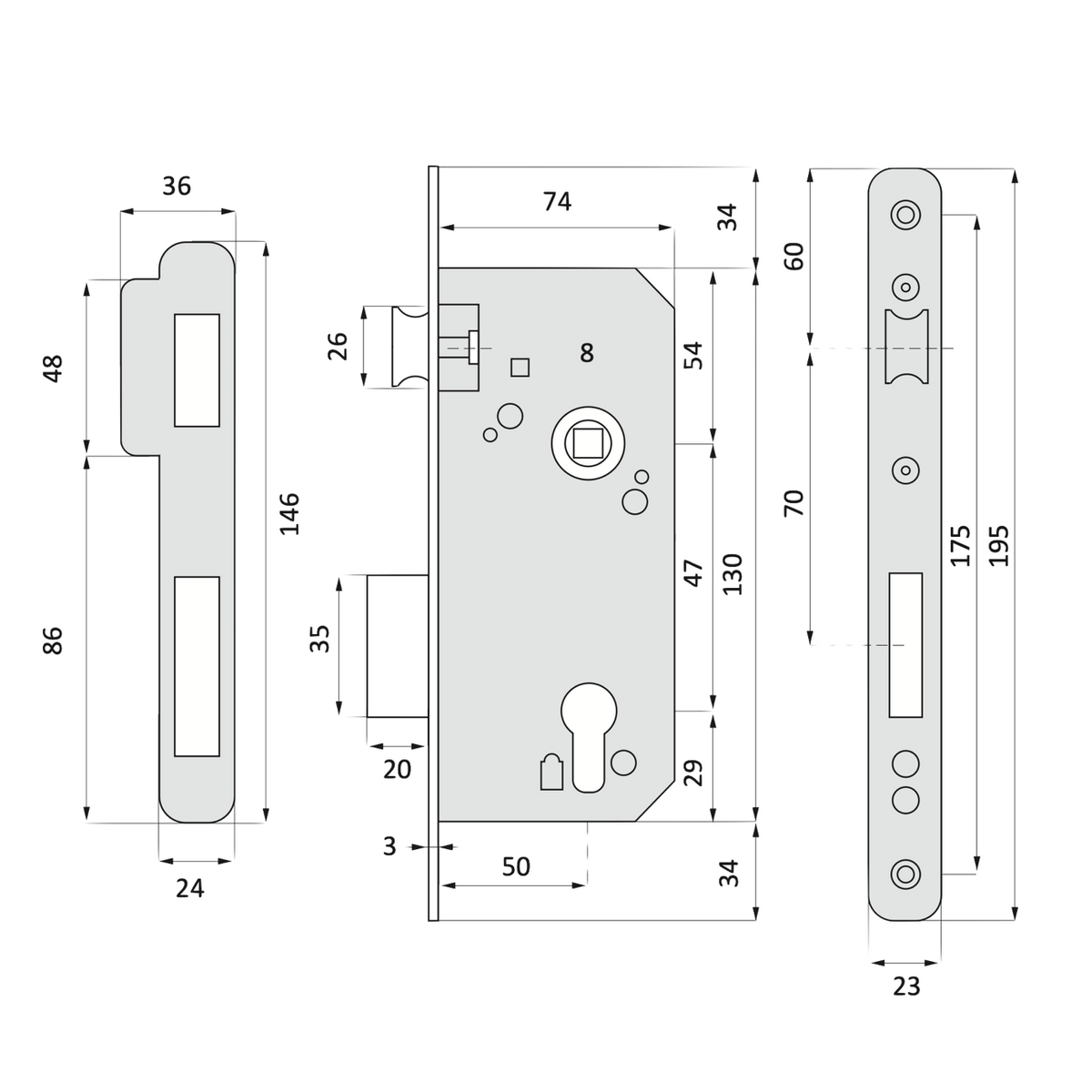 Insteekslot, doornmaat 47 mm, PC-maat 50 mm, ronde voorplaat, gesatineerd nikkel