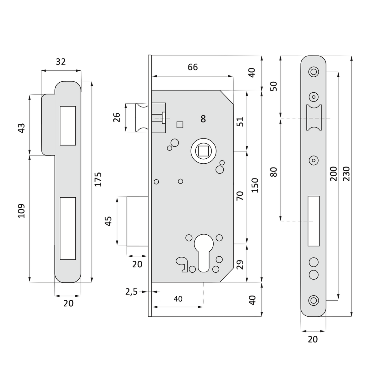 Insteekslot, 70 mm doornmaat, 40 mm hartafstand, ronde voorplaat, gesatineerd nikkel