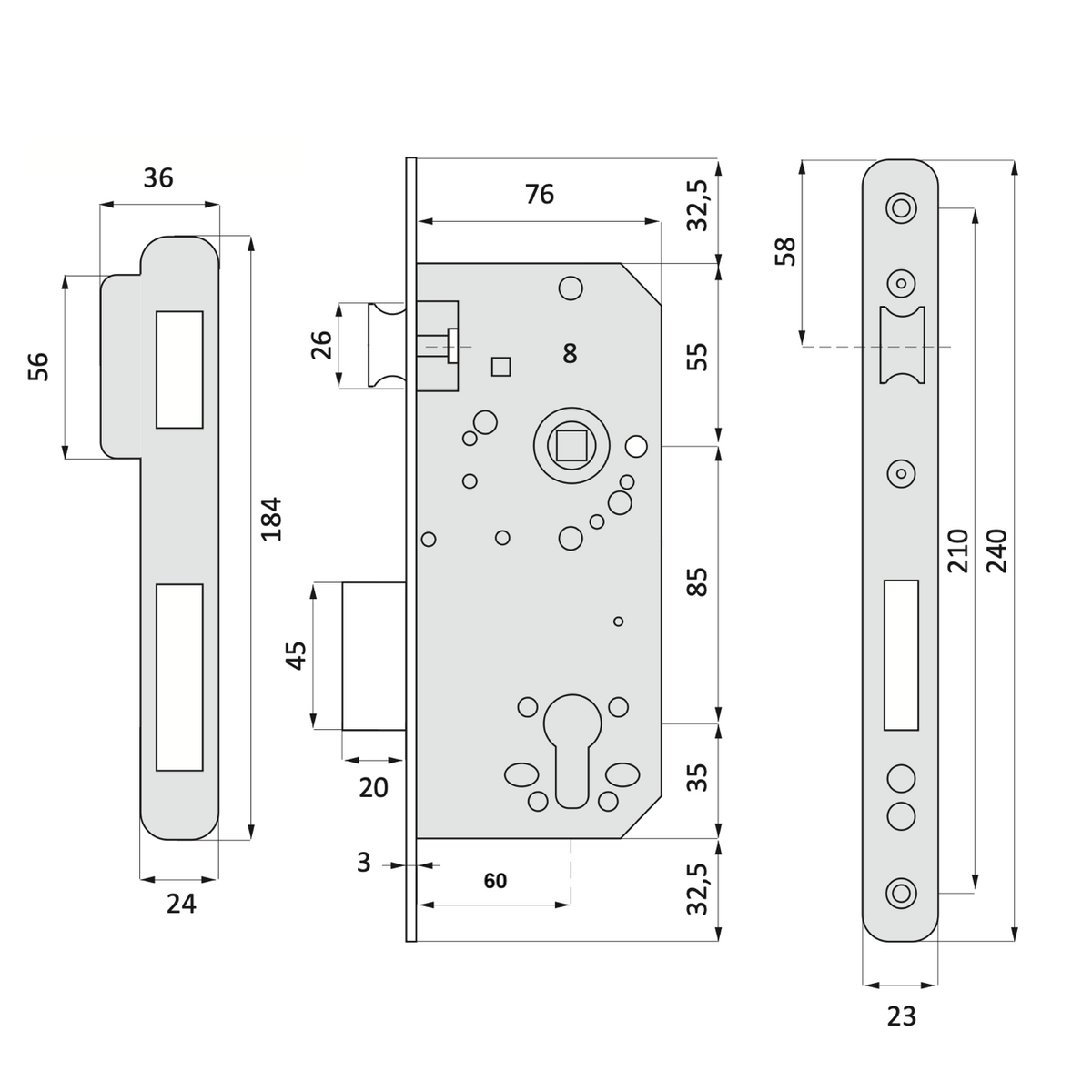 Insteekslot 60mm voor europrofielcilinder met afgeronde voorplaat, 85mm hartafstand, zwarte afwerking
