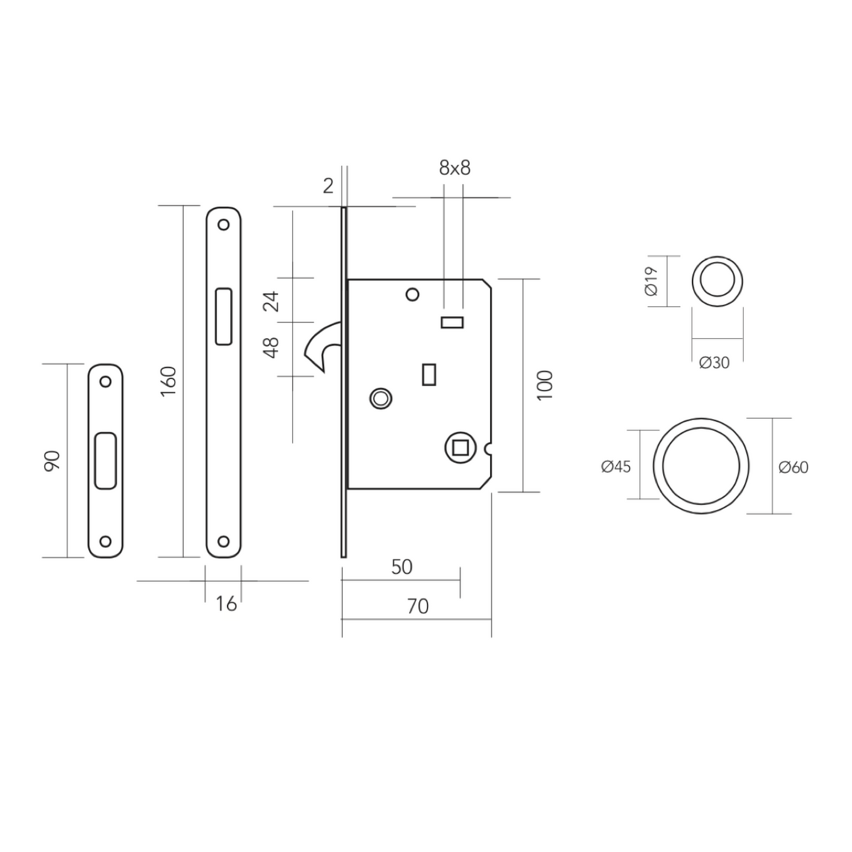 Kit pour porte coulissante avec cylindre finition nickel satiné