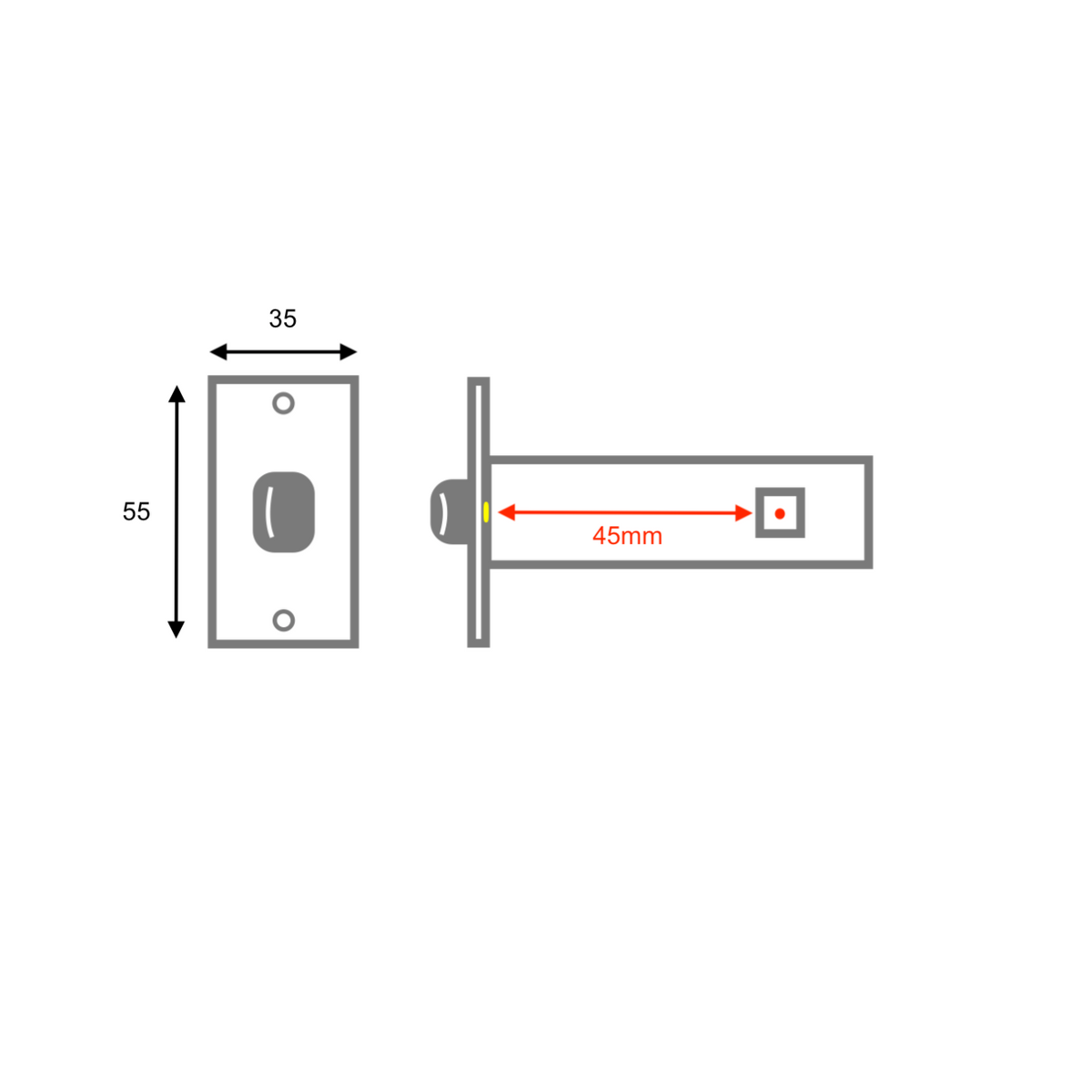 Bouton de porte tubulaire carré en finition nickel satiné, entraxe 45 mm