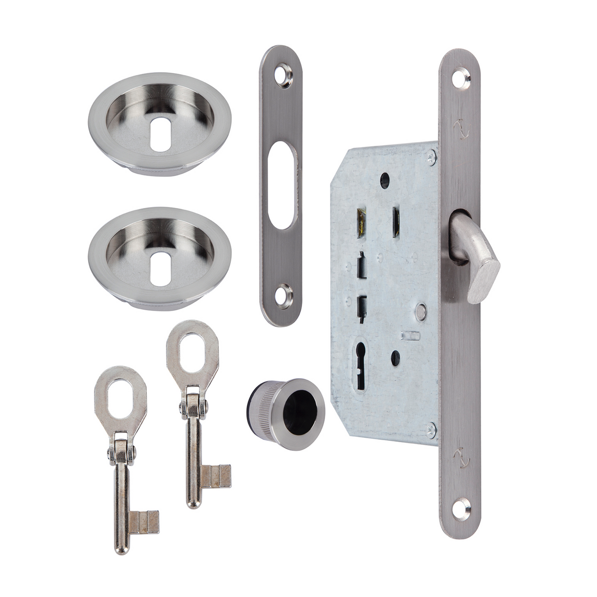Kit pour porte coulissante en finition nickel satiné avec 2 clés à gorges incluses