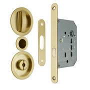 Schiebetür-Set mit Einsteckschloss, Verriegelung und runden Muschelgriffen in satiniertem Gold
