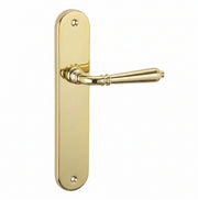 Deurkruk met ovaal schild van glanzend messingkleurig aluminium 250x48 mm